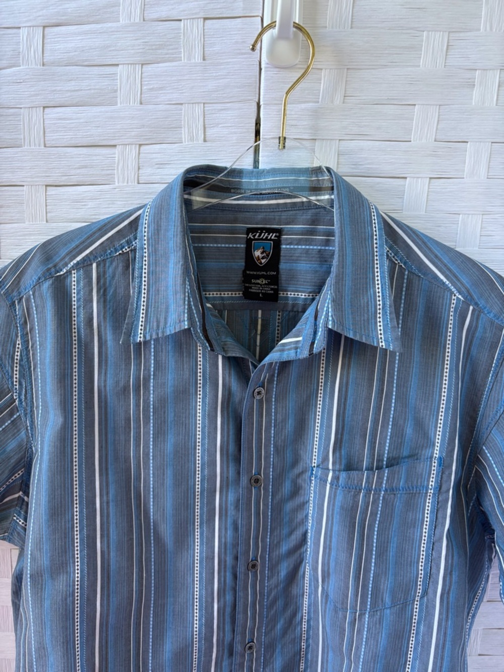 Kuhl Suncel Large Button Up Short Sleeve Shirt Blue Stripe Cotton Tencel Blend - Picture 6 of 13